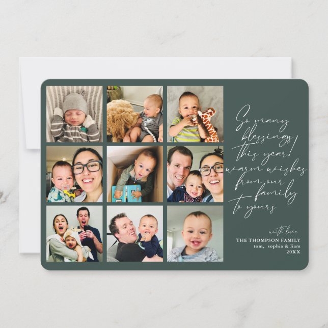 So Many Blessings Year Review Blue Photo Collage H Holiday Card (Front)