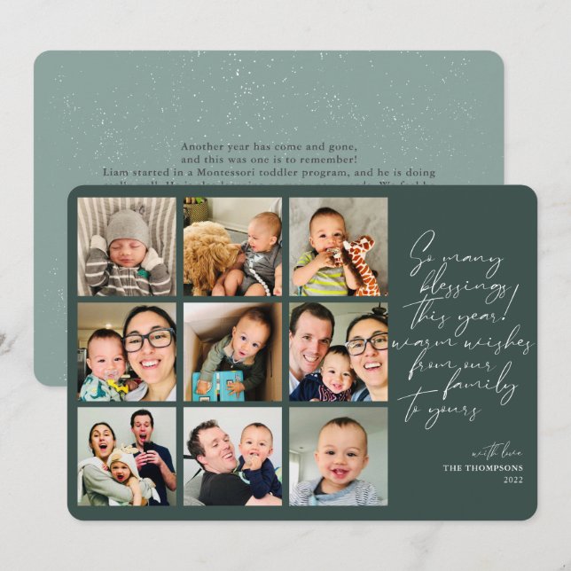 So Many Blessings Year Review Photo Collage Green Holiday Card (Front/Back)