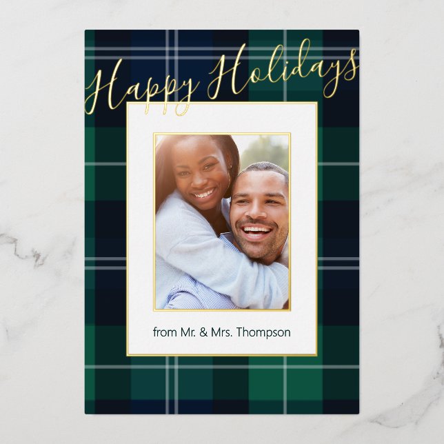 So Plaid Photo Frame Happy Holidays Foil Holiday Card (Front)