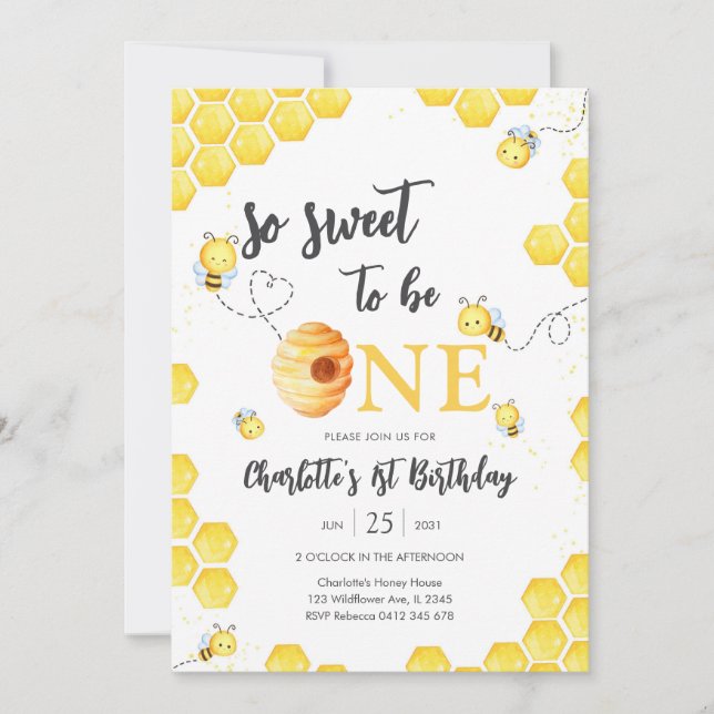 So Sweet To Be One Honey Bee 1st Birthday Invitation (Front)