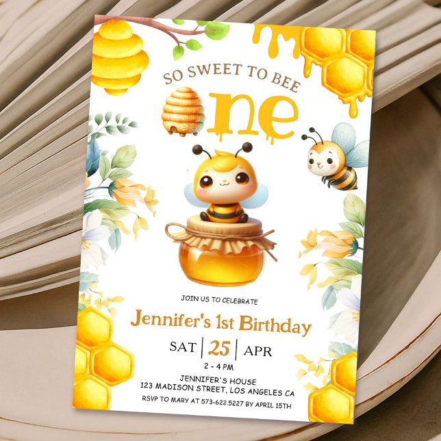 So Sweet To Bee One! 1st Birthday Girl Cute Bee Invitation (Creator Uploaded)
