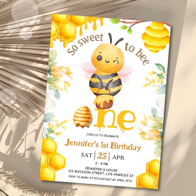So Sweet To Bee One! 1st Birthday Girl Modern Invitation (Creator Uploaded)
