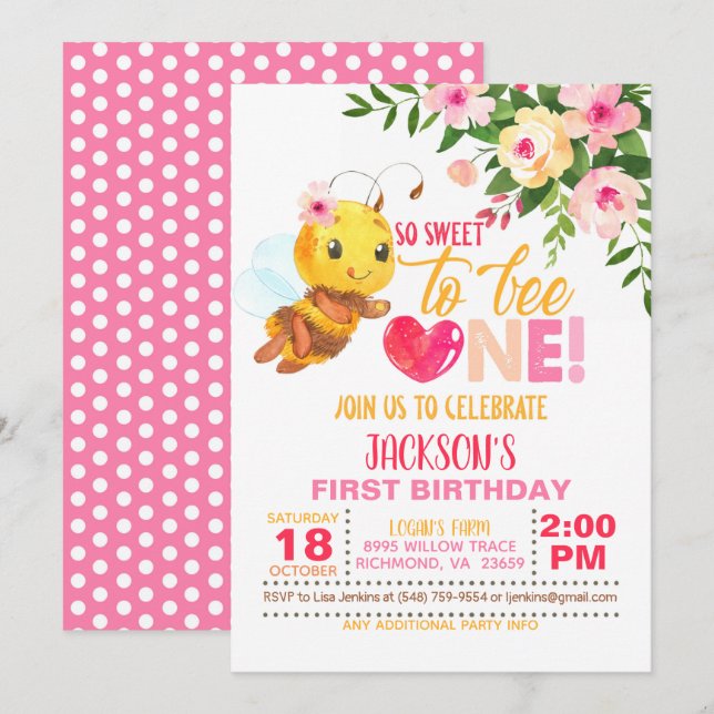 So Sweet to Bee ONE First Birthday Invitation (Front/Back)