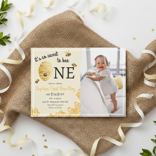 So Sweet To Bee One Honeycomb First Birthday Photo Invitation