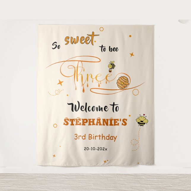 So Sweet To Bee Three Cute Honey Bee 3rd Birthday Tapestry (Front)