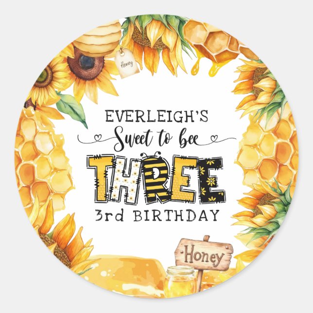 So sweet to bee three floral 3rd birthday  classic round sticker (Front)