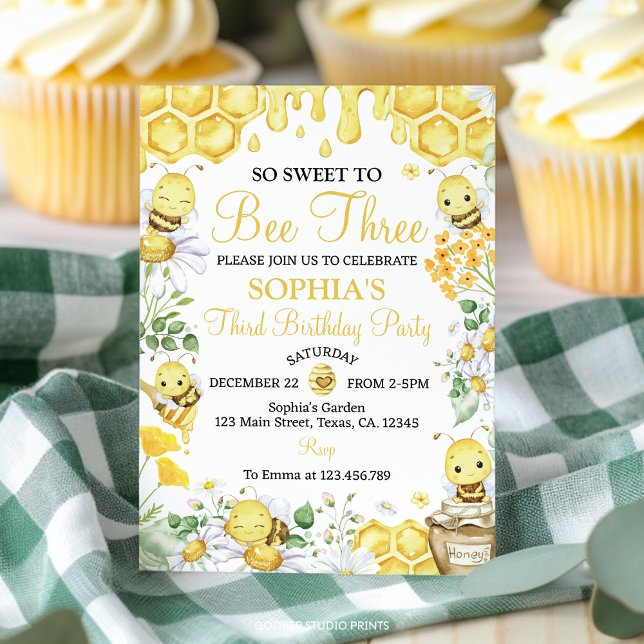 So Sweet To Bee Three Honey Bee Floral Birthday Invitation (Creator Uploaded)