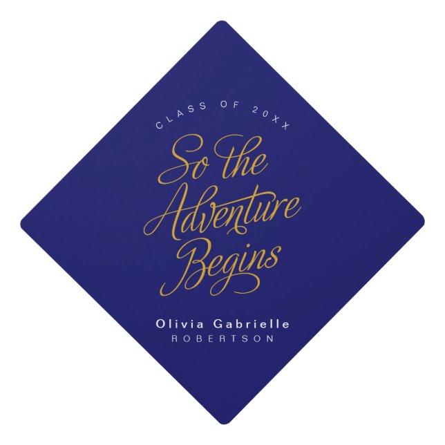 So The Adventure Begins Blue Yellow Graduation Cap Topper (Front)