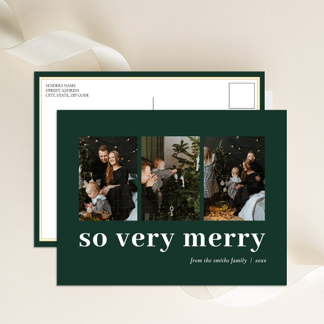 So Very Merry Green Modern 3 Photo Collage Holiday Postcard (Creator Uploaded)