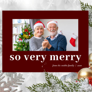 So Very Merry Red Modern Burgundy Family Photo Holiday Card