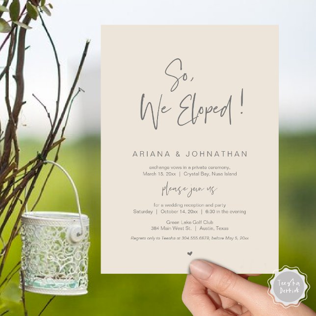 So, We Eloped, Modern Wedding Elopement Dinner Invitation (So, We Eloped, Modern Wedding Elopement Dinner Invitation Card, PDF, in Dark Grey Cream)