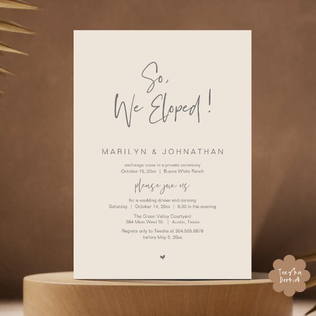 So, We Eloped, Modern Wedding Elopement Dinner Invitation (So, We Eloped, Modern Classy Wedding Elopement Dinner Party Invitation Card PDF Cream Grey)