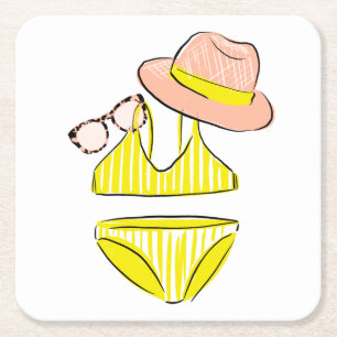 Soak up the Sun - Yellow Swimsuit Square Paper Coaster