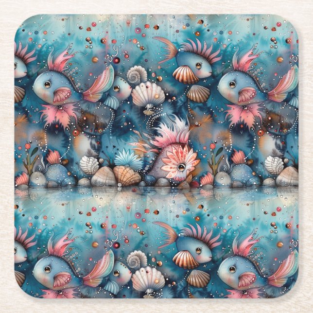 Soapy sea funny fish inhabitants square paper coaster (Front)