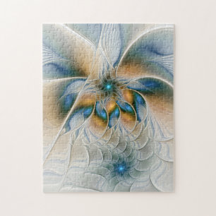 Soaring, Abstract Fantasy Fractal Art With Blue Jigsaw Puzzle