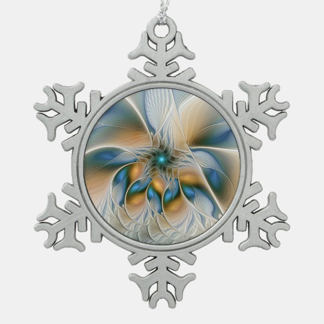 Soaring, Abstract Fantasy Fractal Art With Blue Snowflake Pewter Christmas Ornament (Front)