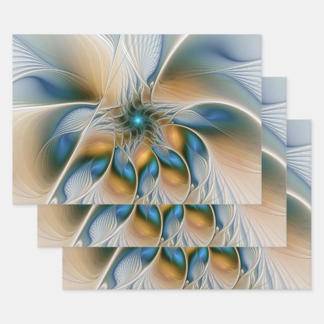 Soaring, Abstract Fantasy Fractal Art With Blue Wrapping Paper Sheet (Set)