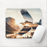 Soaring Bald Eagle at Sunrise Mouse Pad<br><div class="desc">A bald eagle soars gracefully over a picturesque mountainous landscape at sunrise,  with a double-exposure effect,  and sun rays create a halo around the eagle,  adding a sense of majesty</div>