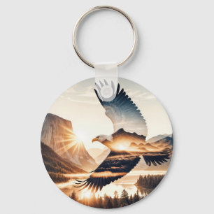 Soaring Bald Eagle Over Mountain Valley Lake Keychain