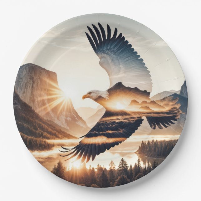 Soaring Bald Eagle Over Mountain Valley Lake Paper Plate (Front)