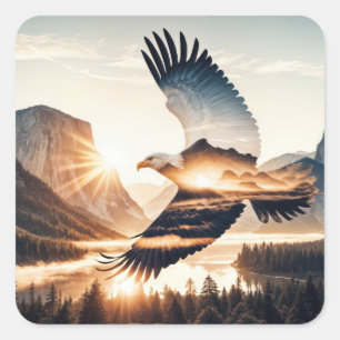 Soaring Bald Eagle Over Mountain Valley Lake Square Sticker