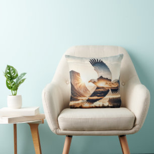 Soaring Bald Eagle Over Mountain Valley Lake Throw Pillow