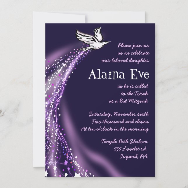 Soaring Dove Bat Bar Mitzvah Invitation purple (Front)