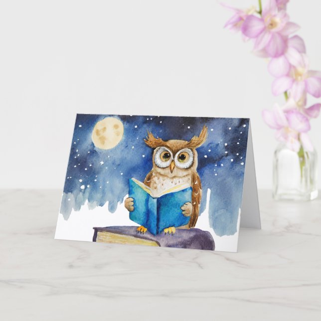 Sober Owl Reading Big Book Recovery Anniversary Card (Orchid)