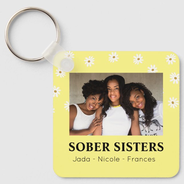 Sober Sisters Cute Custom Name & Date Daisy Keychain (Front)