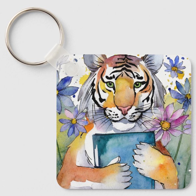 Sober Tiger Holding Big Book AA Prayer CUSTOM Keychain (Front)