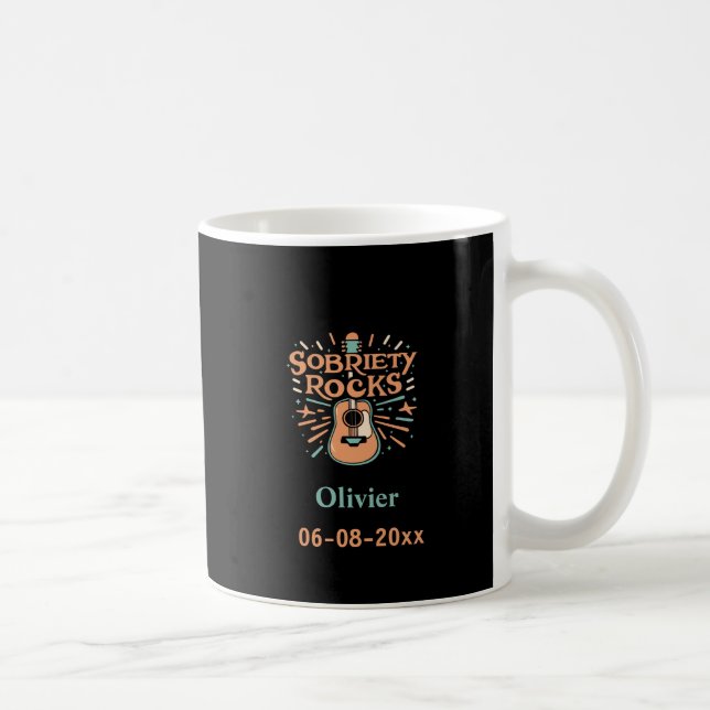 Sobriety Rocks Guitar, Sober Date & Custom Name Coffee Mug (Right)