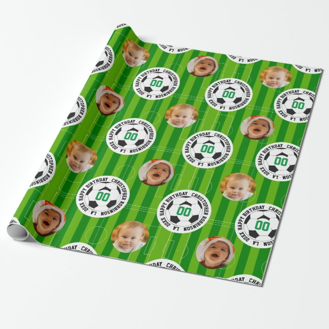 Soccer 2 Photo Birthday Wrapping Paper (Unrolled)
