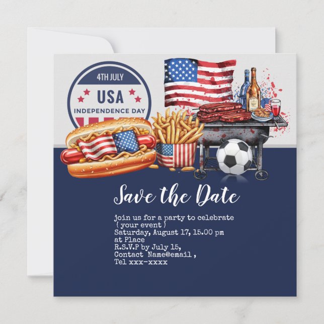 Soccer 4th July Independence Day America Save The Date (Front)