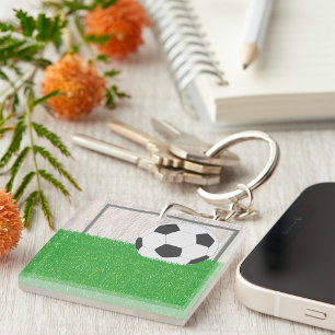 Soccer Ball and Goal Post on Green Grass Field Keychain