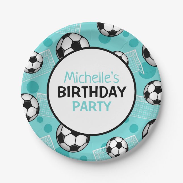 Soccer Ball and Goal Teal Personalized Paper Plate (Front)