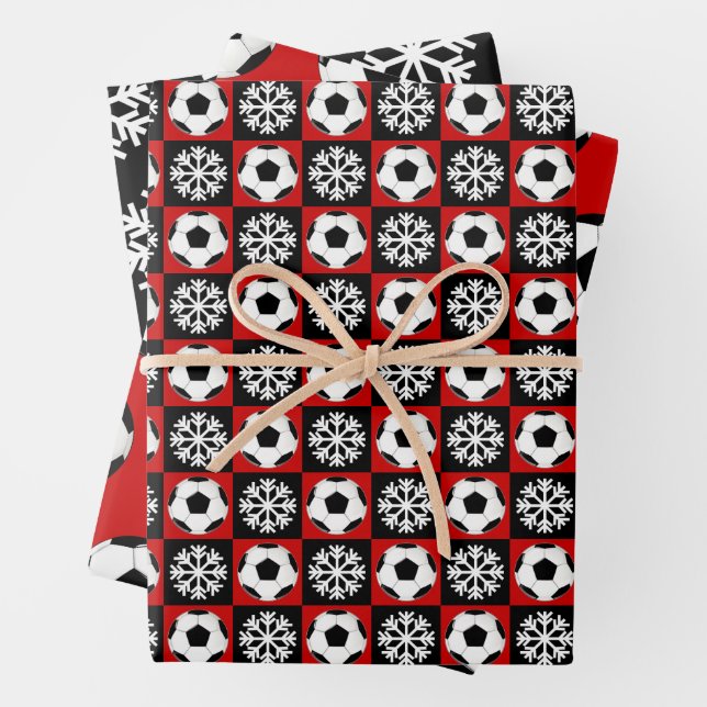 Soccer Ball and Snowflake Red and Black Christmas  Wrapping Paper Sheet (In situ)