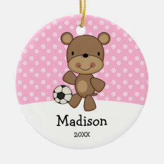 Soccer Ball Bear Pink Kids Personalized Christmas Ceramic Ornament