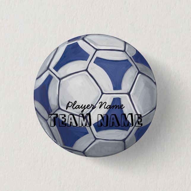 Soccer Ball Blue and White Name and Number 1 Inch Round Button (Front)