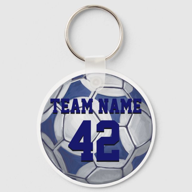 Soccer Ball Blue and White Name and Number Keychain (Front)