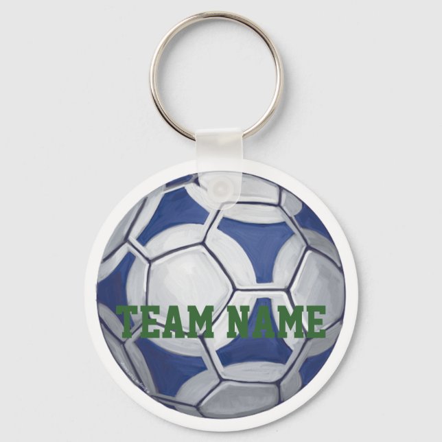 Soccer Ball Blue and White Name and Number Keychain (Front)