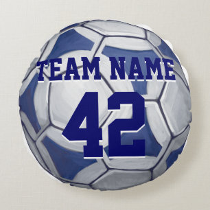 Soccer Ball Blue and White Name and Number Round Pillow