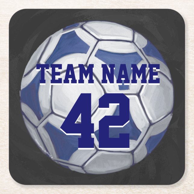 Soccer Ball Blue and White Name and Number Square Paper Coaster (Front)
