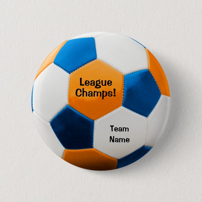 Soccer Ball, Blue & Orange, Team Name, 2 Inch Round Button (Front)