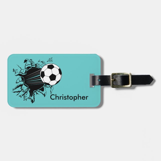 Soccer Ball Busting Out Personalized Luggage Tag (Front Horizontal)
