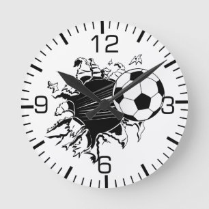 Soccer Ball Busting Out Round Clock