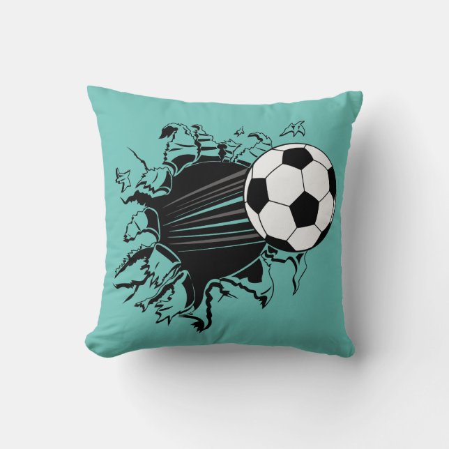 Soccer Ball Busting Out Throw Pillow (Front)