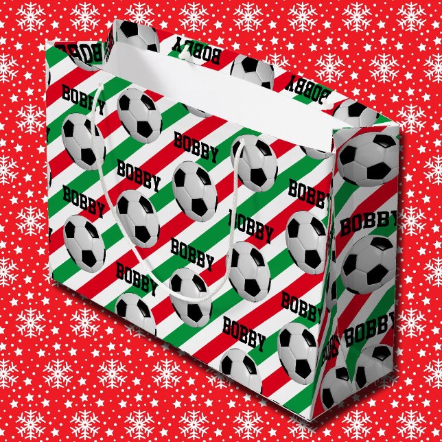Soccer Ball Christmas Add Name Stripe Red n Green Large Gift Bag (Creator Uploaded)