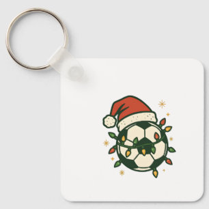 Soccer Ball Christmas Lights Santa Hat Funny  Keychain