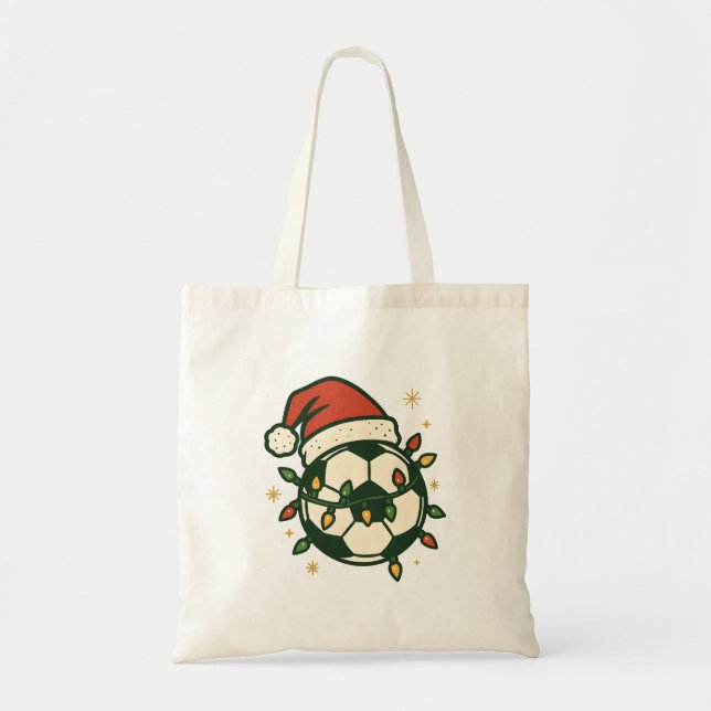 Soccer Ball Christmas Lights Santa Hat Funny  Tote Bag (Front)
