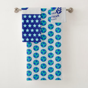 Soccer Ball Crest Bright Blue Sport Fan Gifts Bath Towel Set